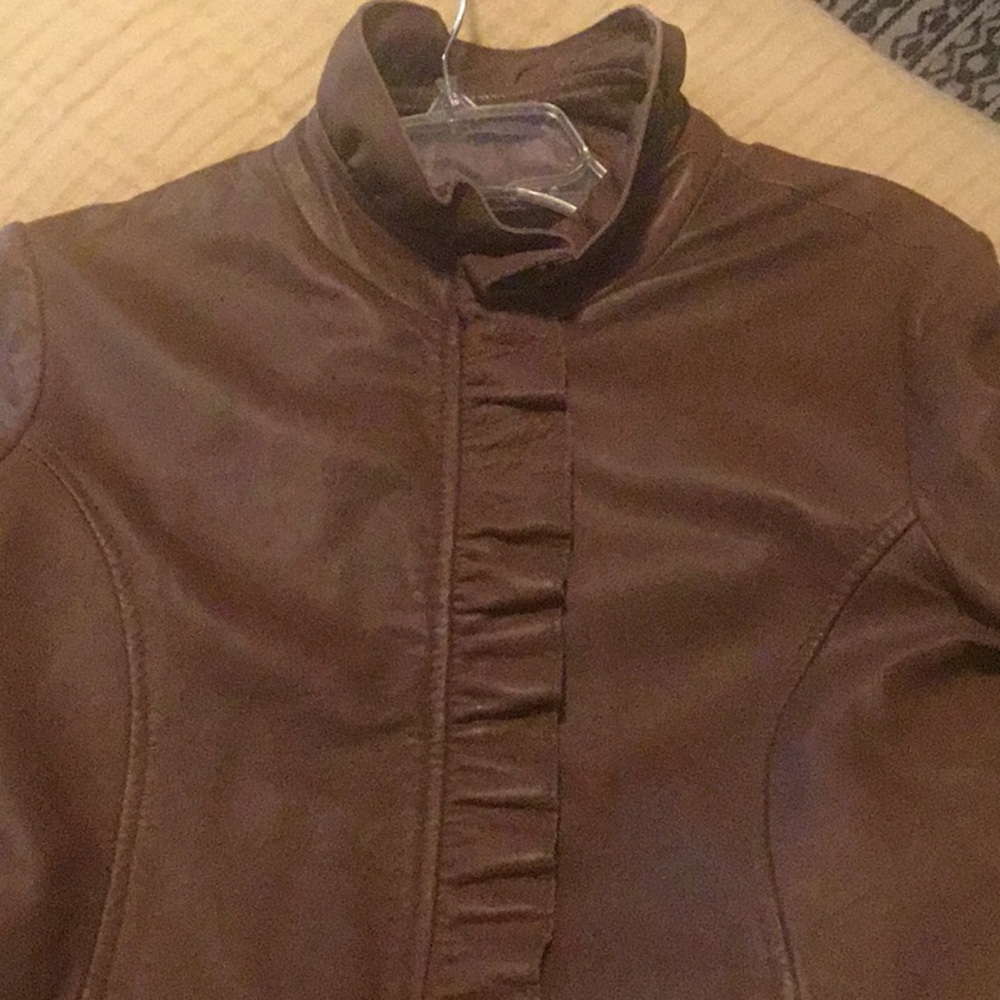 Leather jacket with ruffled front & collar trim